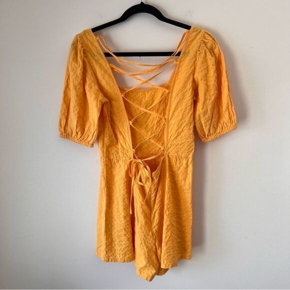 ASOS Yellow Seersucker Puff Sleeve Lace Up Back Romper - Picture 9 of 13